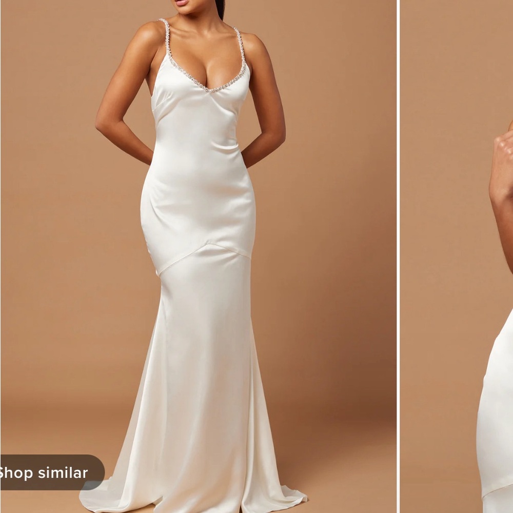 White satin dress. Embellishment to neckline